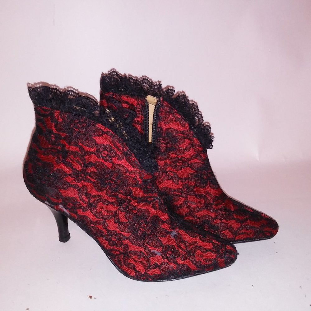 Bordello Booties Size 6 Red Black Lace Ruffle Pointed Toe Approx 3" Heel